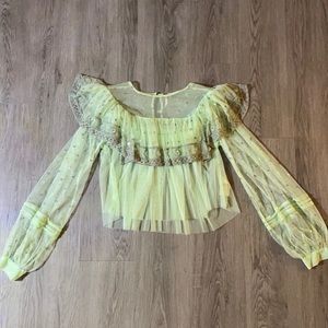 Free People Mint Green Beaded BoHo Sequin Shirt SZ M